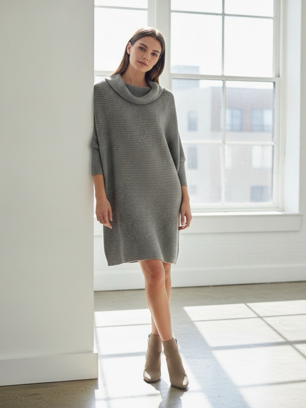 Halston Womens‎ Grey Ribbed Knit Cowl Neck Dolman Sleeve Tunic Sweater Large